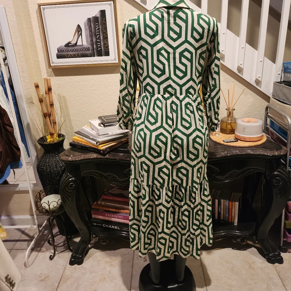 Zara Ecru Geo Geometric Print Karen Tiered Midi Dress size M - Picture 3 of 4